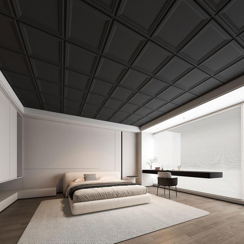 WOWSTAR 12-Pack 24"x24" Drop Ceiling Tiles, Waterproof Glue up Ceiling Panels, Black - Image 2